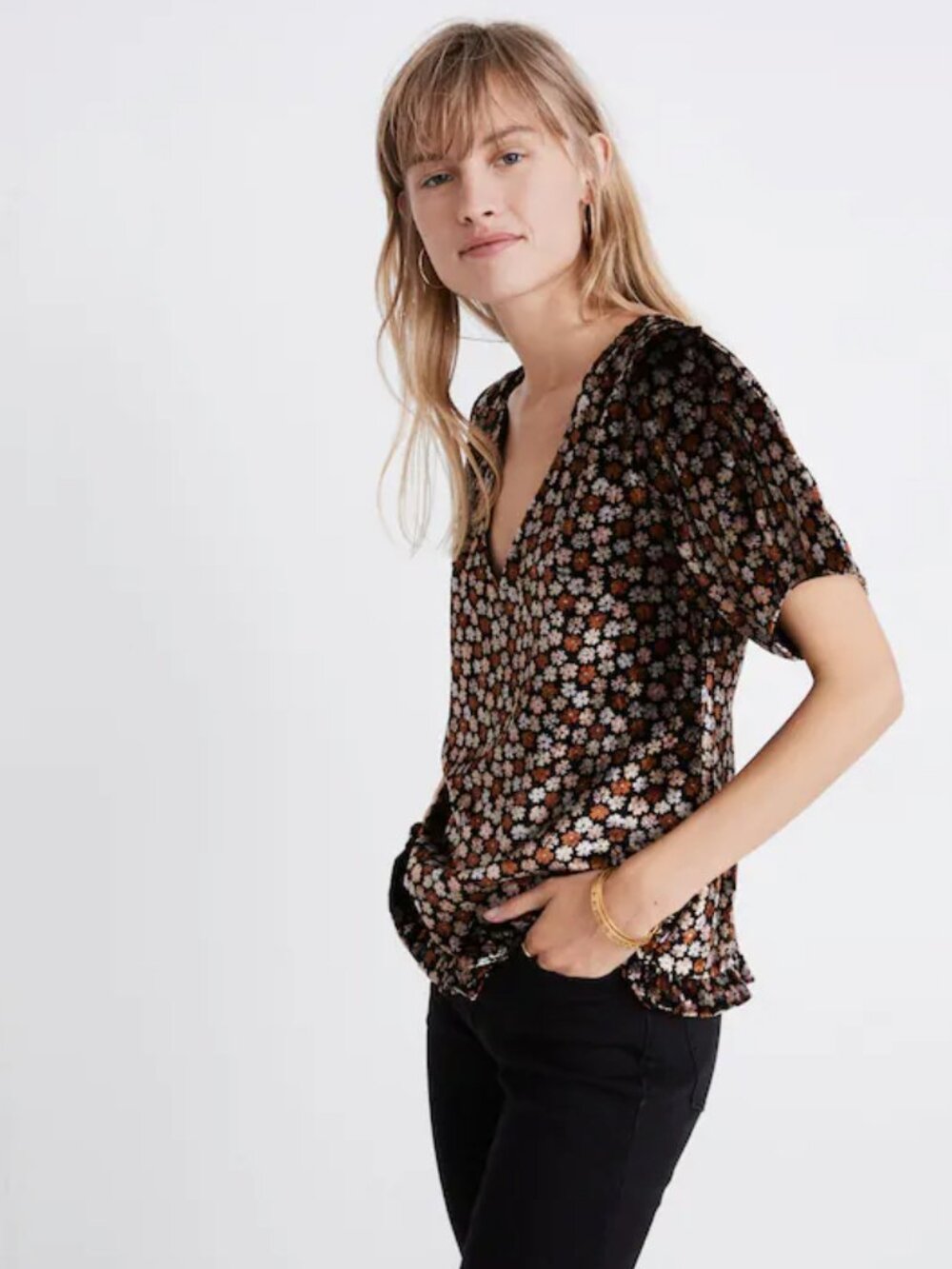 Madewell Crushed Velvet Tulip-Sleeve Ruffle Top in Petite Blooms Fall Witchy XL